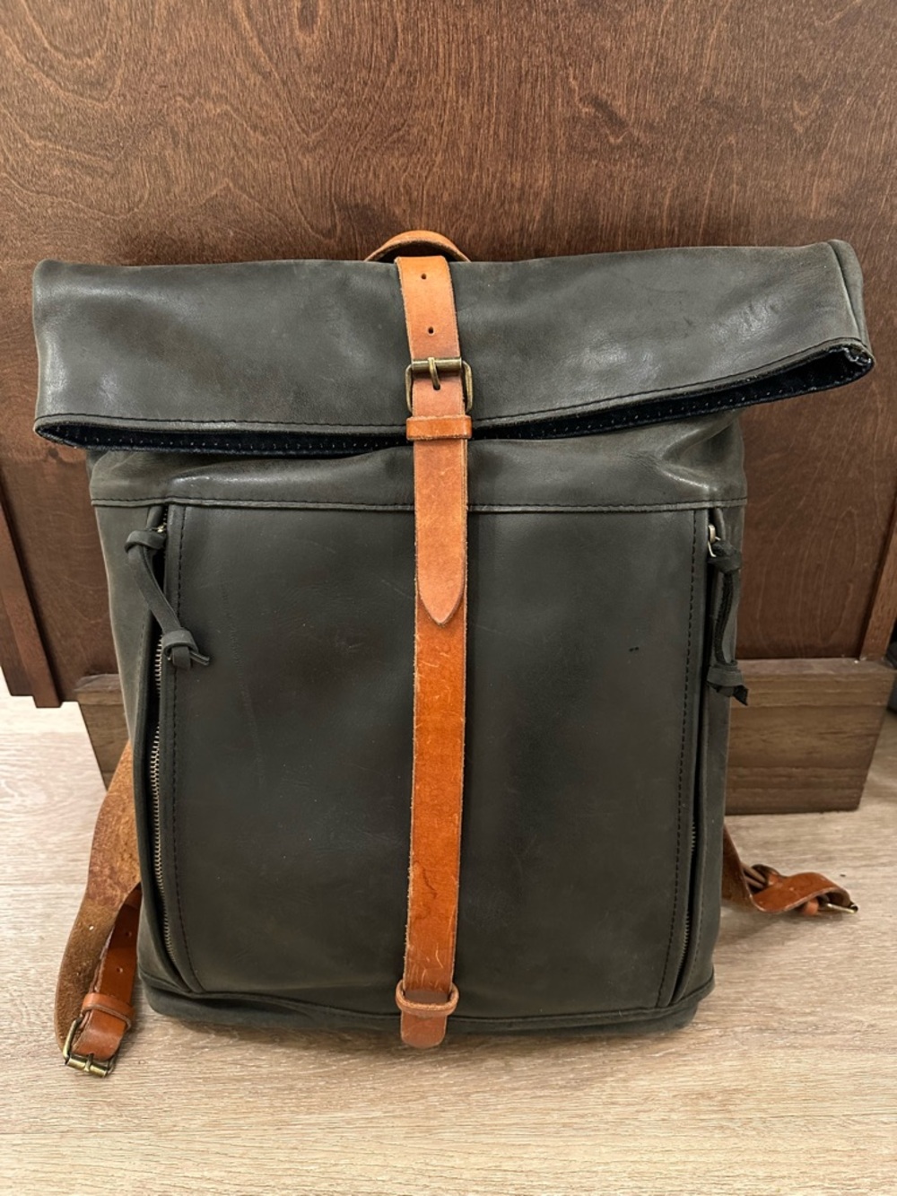 Krux Garage Handcrafted Leather Highway Bag Men's Large Roll Top Black Backpack